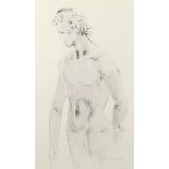 A modern decorative print depicting a three quarter length standing male nude