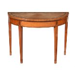 Y A George III satinwood, tulipwood crossbanded and purple heart inlaid demi-lune folding card table