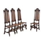 A set of four walnut and beech highback side chairs in William & Mary style