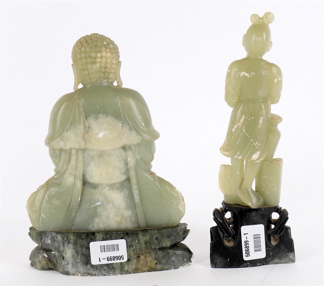 A Chinese celadon soapstone buddha and carved soapstone figure of a fisherman - Image 3 of 3