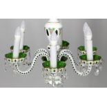 A Bohemian flash cut and floral painted 6 light green and opaque white glass chandelier