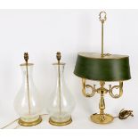 A pair of modern brass mounted crackle glaze glass lamps
