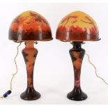 A near pair of modern Galle style glass lamp bases and shades