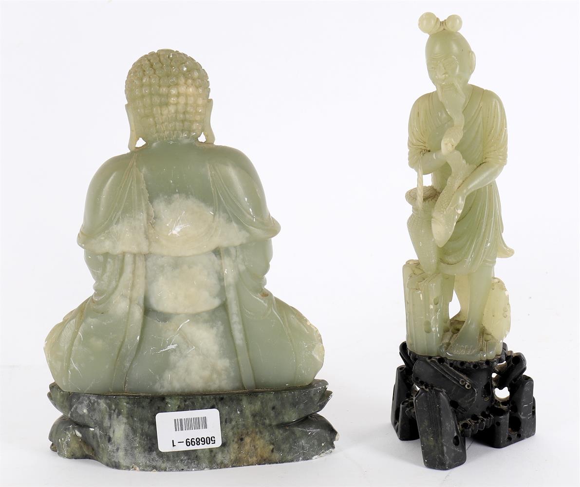 A Chinese celadon soapstone buddha and carved soapstone figure of a fisherman - Image 2 of 3