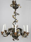 An Italian floral porcelain mounted tole 6 light chandelier