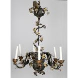 An Italian floral porcelain mounted tole 6 light chandelier