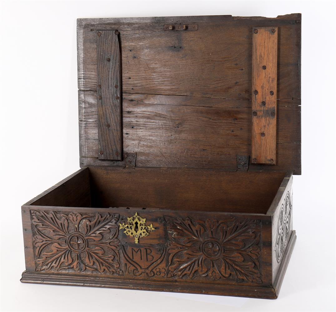 A 17th century and later oak box with carved decoration - Image 2 of 10