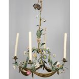 An Italian floral porcelain mounted 4 light tole chandelier