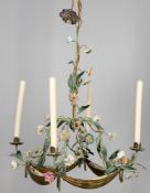An Italian floral porcelain mounted 4 light tole chandelier