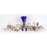 A collection of silver plated items including a large leaf mounted blue glass vase