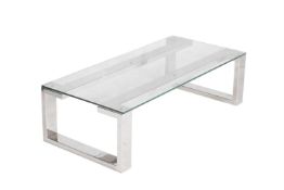 A chrome and glass topped low centre table