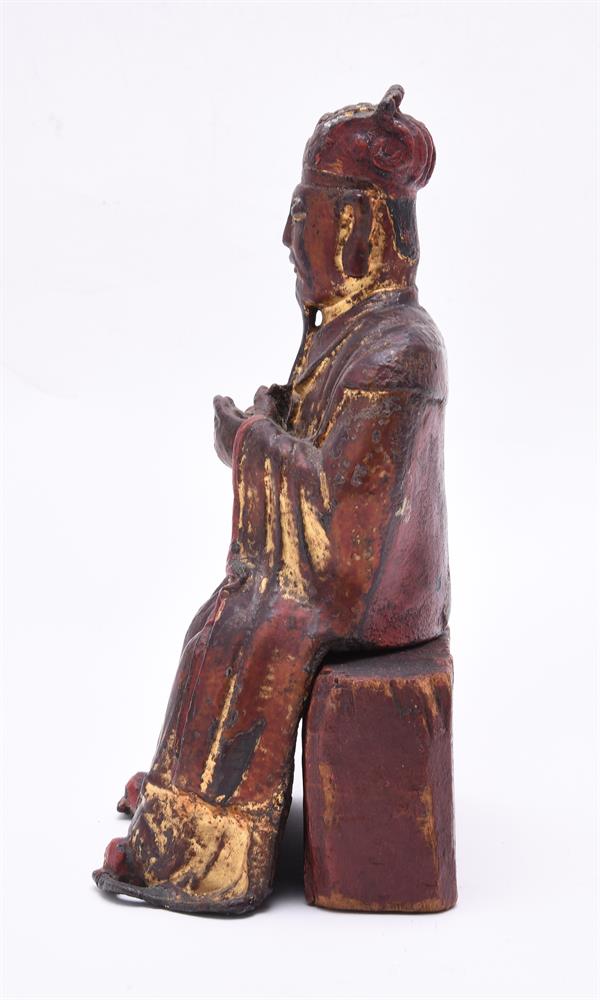 A Chinese bronze lacquered and gilt figure of a seated bearded Official - Image 5 of 6