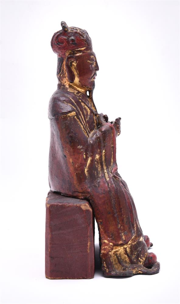 A Chinese bronze lacquered and gilt figure of a seated bearded Official - Image 3 of 6