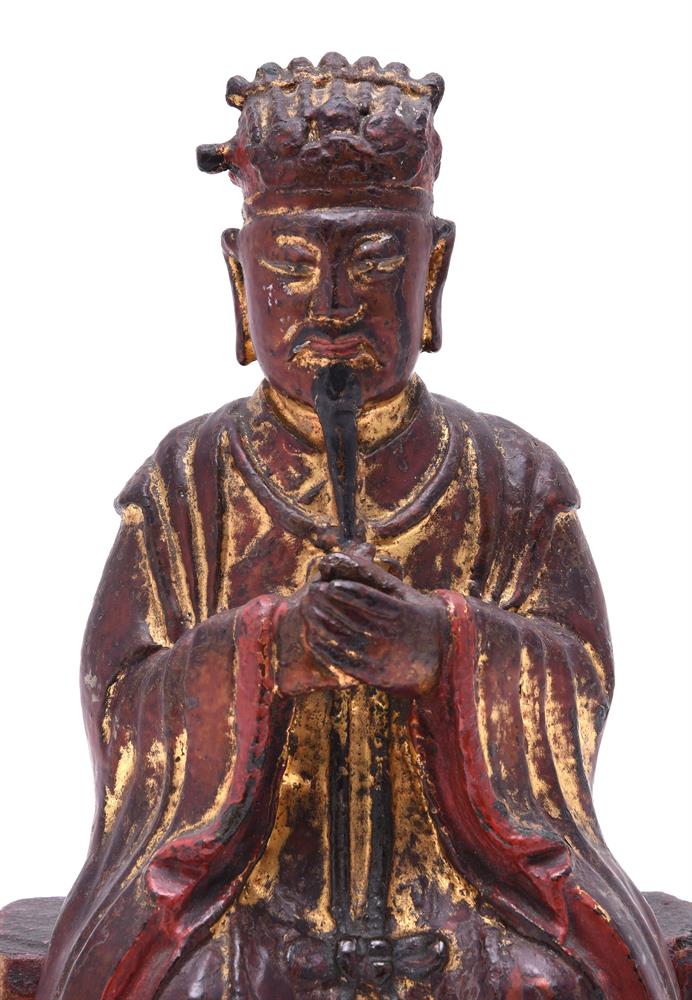 A Chinese bronze lacquered and gilt figure of a seated bearded Official - Image 2 of 6