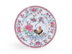 A Chinese porcelain famille rose cockerel plate