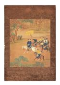 A Chinese painting on silk painting of court figures on horseback