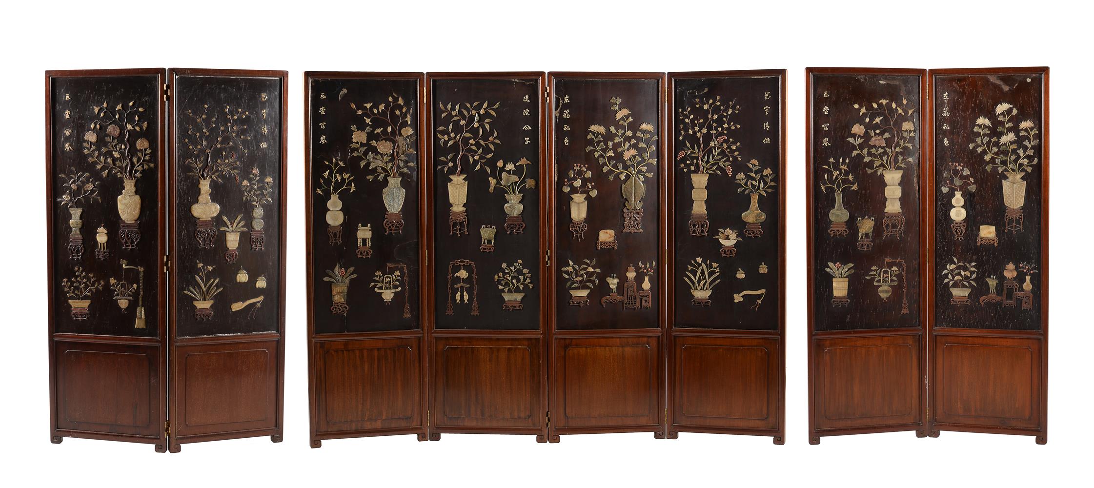 A pair of Chinese hardwood screens with hardstone inlay