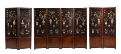 A pair of Chinese hardwood screens with hardstone inlay