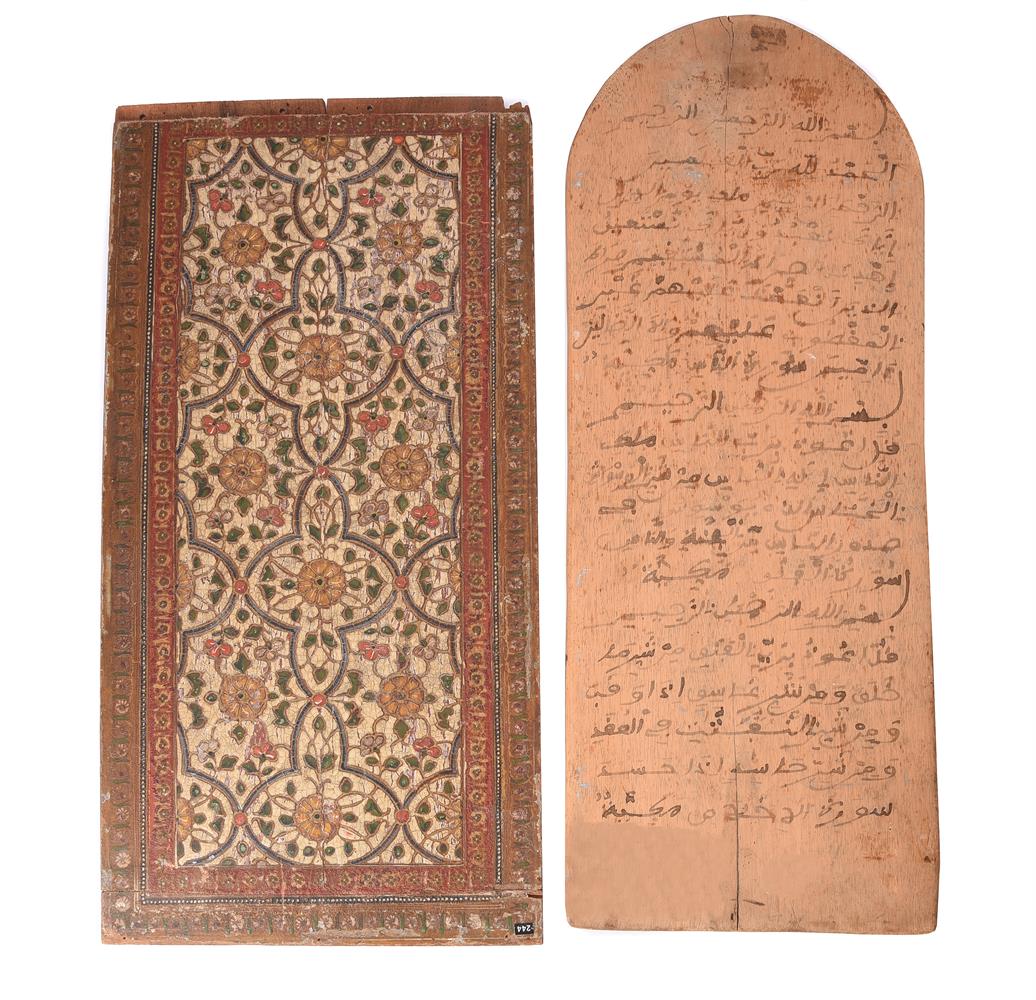 A Qur'anic prayer board from Sub-Saharan Africa and an Indian wooden painted panel and a lacquer pen