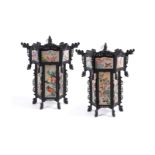 A large pair of Chinese wood and painted silk hanging lanterns