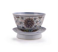 A Chinese underglaze-blue enamelled 'Lotus' bowl and stand