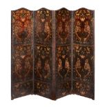A Victorian painted and embossed leather four fold screen in 17th century style