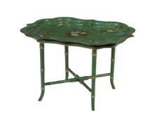 A green and polychrome lacquered papier mache tray on stand