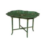 A green and polychrome lacquered papier mache tray on stand