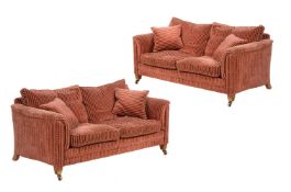A pair of walnut and red and gold striped sofas