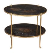A black lacquer and gilt painted two tier etagere