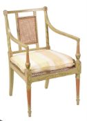 A George III green painted open armchair, circa 1810,
