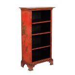 A red lacquer and gilt chinoiserie decorated open bookcase