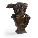 A modern patinated resinous bust of winged Mercury