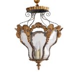 A Continental, probably Italian, gilt composition and scolling ironwork framed lobed lantern