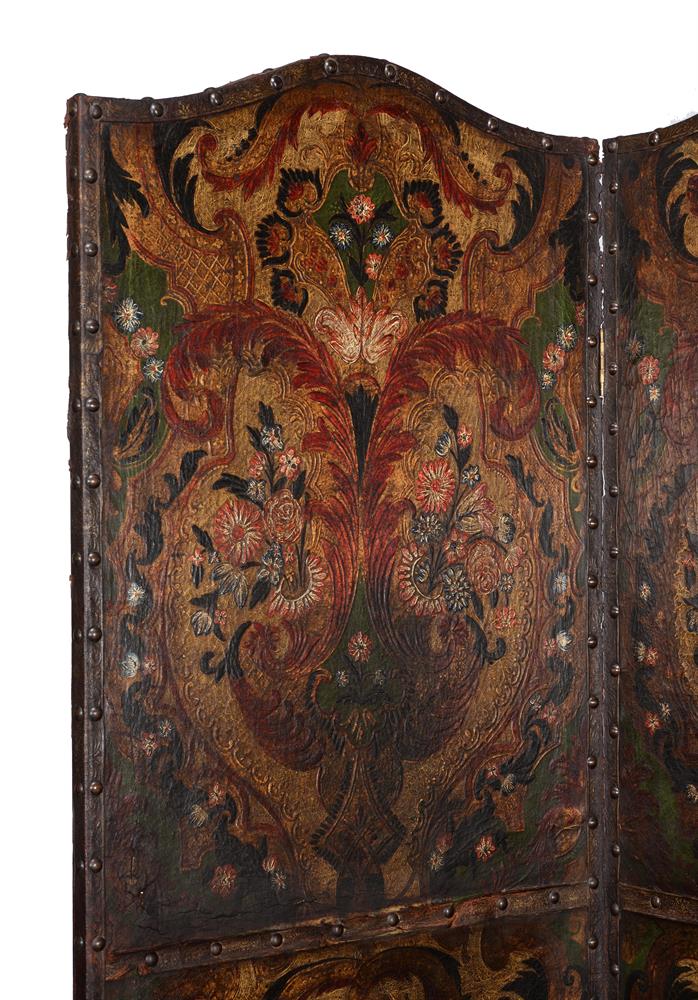 A Victorian painted and embossed leather four fold screen in 17th century style - Image 2 of 4