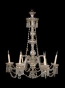 A cut glass six arm chandelier