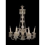 A cut glass six arm chandelier