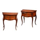 A pair of French walnut and parquetry side tables