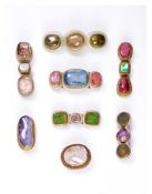 EIGHT VARIOUS CHINESE GILT-COPPER MOUNTED SEMI-PRECIOUS STONE AND JADEITE BUCKLES/BROOCHESQING DYNAS