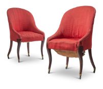 A PAIR OF MAHOGANY AND RED UPHOLSTERED ARMCHAIRS, FIRST QUARTER 19TH CENTURY