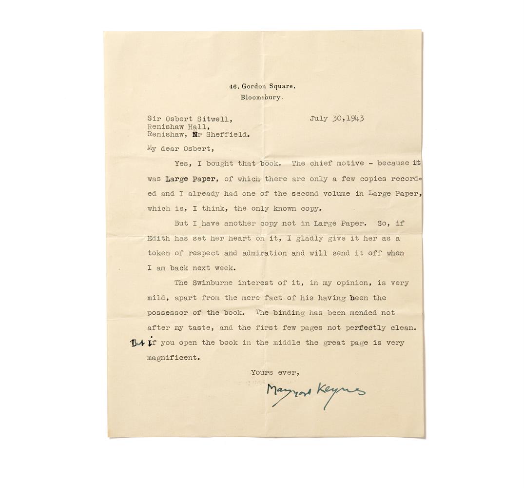 KEYNES, JOHN MAYNARD. (1883-1946). T.L.S. SIGNED, TO SIR OSBERT SITWELL, BLOOMSBURY, 1943