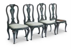 A SET OF SIX GREEN AND POLYCHROME PAINTED DINING CHAIRS, MID 18TH CENTURY