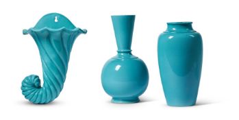 A GROUP OF CONTINENTAL TURQUOISE GLAZED POTTERY ITEMS