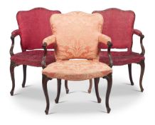 A SET OF THREE GEORGE III MAHOGANY AND UPHOLSTERED ARMCHAIRS, CIRCA 1800