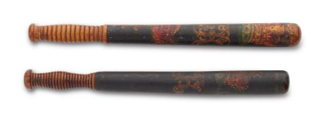 TWO PAINTED AND GILT WOOD VICTORIAN TRUNCHEONS, THIRD QUARTER 19TH CENTURY