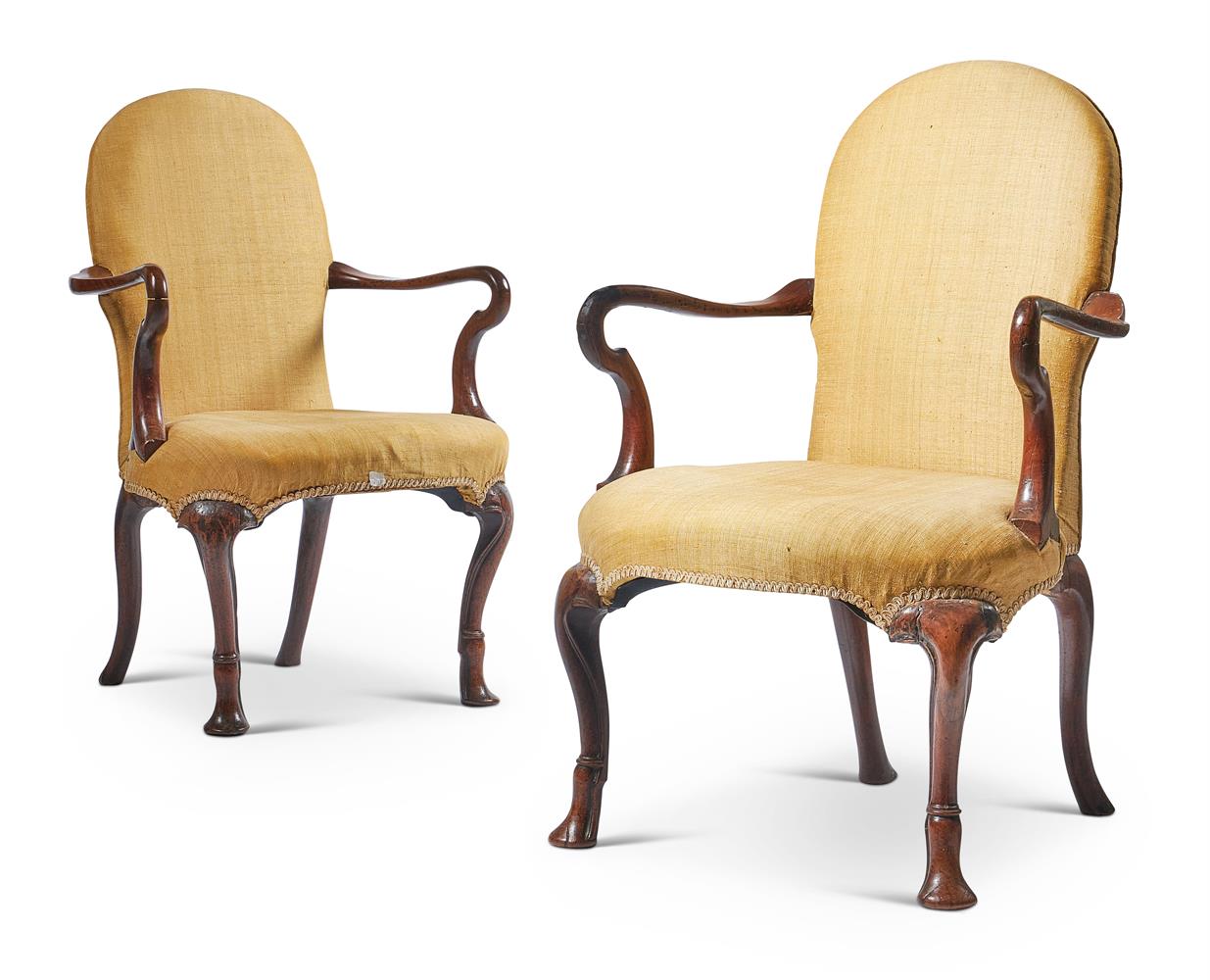 A PAIR OF GEORGE I WALNUT AND YELLOW SILK UPHOLSTERED ARMCHAIRS, CIRCA 1720