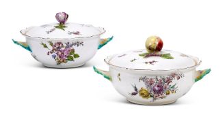 TWO SIMILAR CHELSEA PORCELAIN TWO-HANDLED ECUELLES AND COVERS, CIRCA 1756