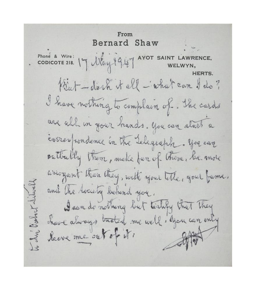 GEORGE BERNARD SHAW. (1856-1950). AUTOGRAPH LETTER TO SIR OSBERT SITWELL, 1947