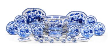 A COMPOSITE BLUE AND WHITE STONE CHINA AND PEARLWARE PART DINNER SERVICE PRINTED WITH THE 'WATER-LIL