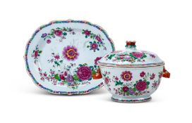 A CHINESE FAMILLE-ROSE SHAPED OVAL TWO HANDLED TUREEN, COVER AND STAND